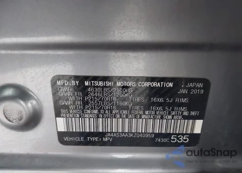 2019 Mitsubishi Eclipse Cross Es z USA, uszkodzony, nr VIN JA4AS3AA3KZ040959